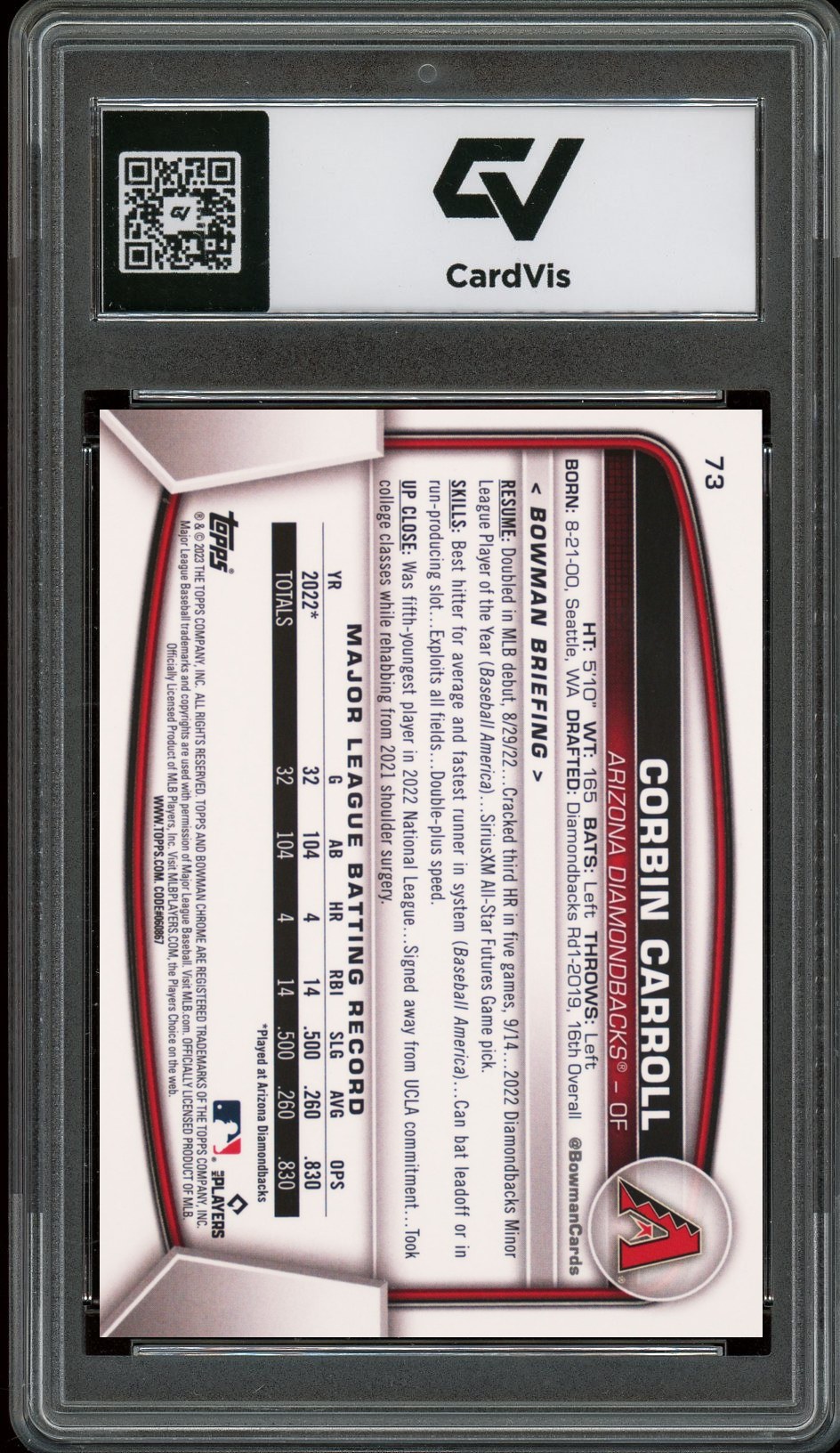 2023 Bowman Chrome #73 Corbin Carroll Mega Box Rookie Card RC Graded 10 Gem Mint - Back