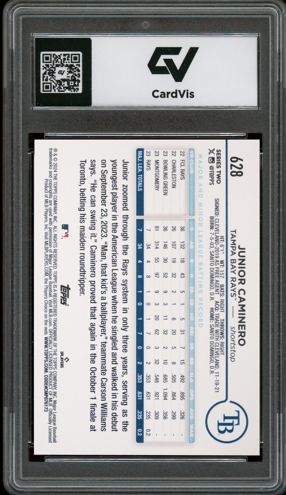 2024 Topps #628 Junior Caminero Rookie Card RC Graded 10 Gem Mint - Back