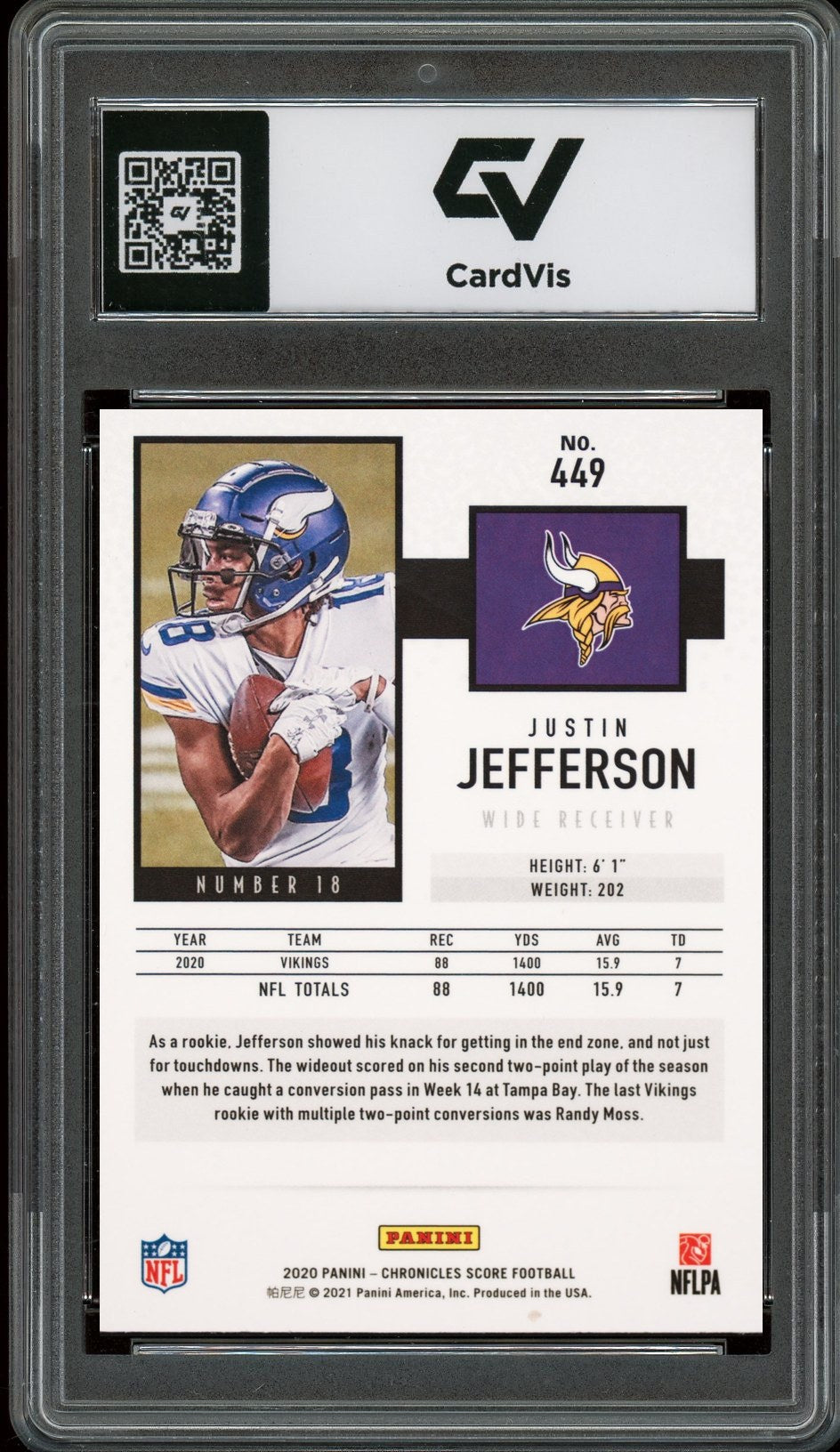 2020 Panini Chronicles #449 Justin Jefferson Score Rookie Card RC Graded 10 Gem Mint - Back