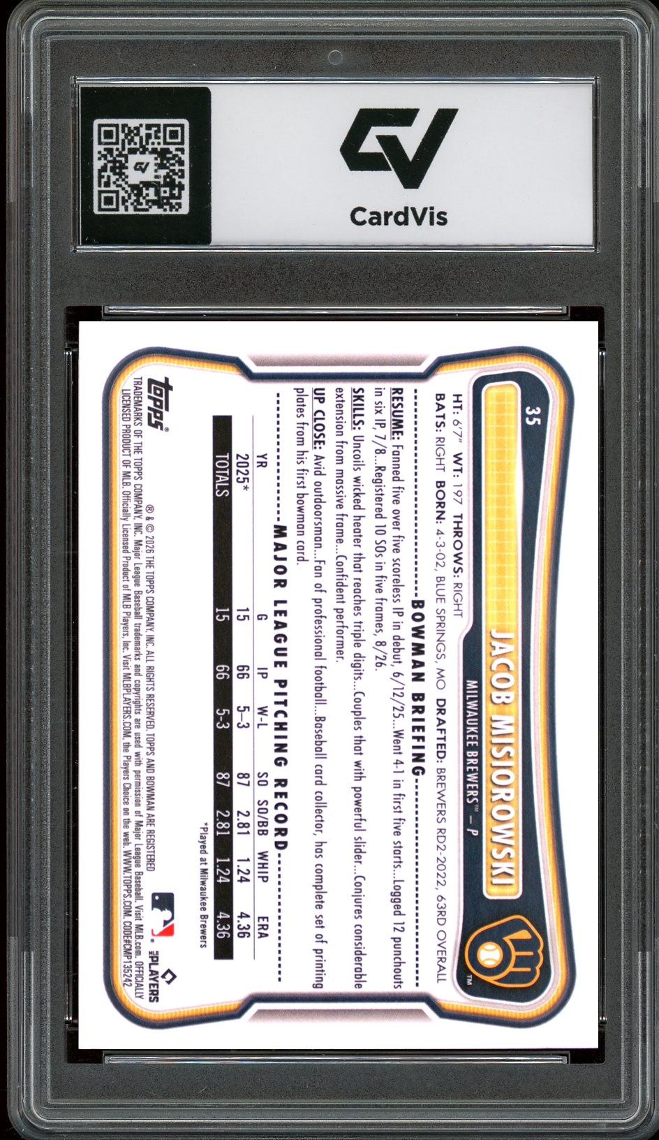 2026 Bowman #35 Jacob Misiorowski Rookie Card RC Graded 10 Gem Mint - Back