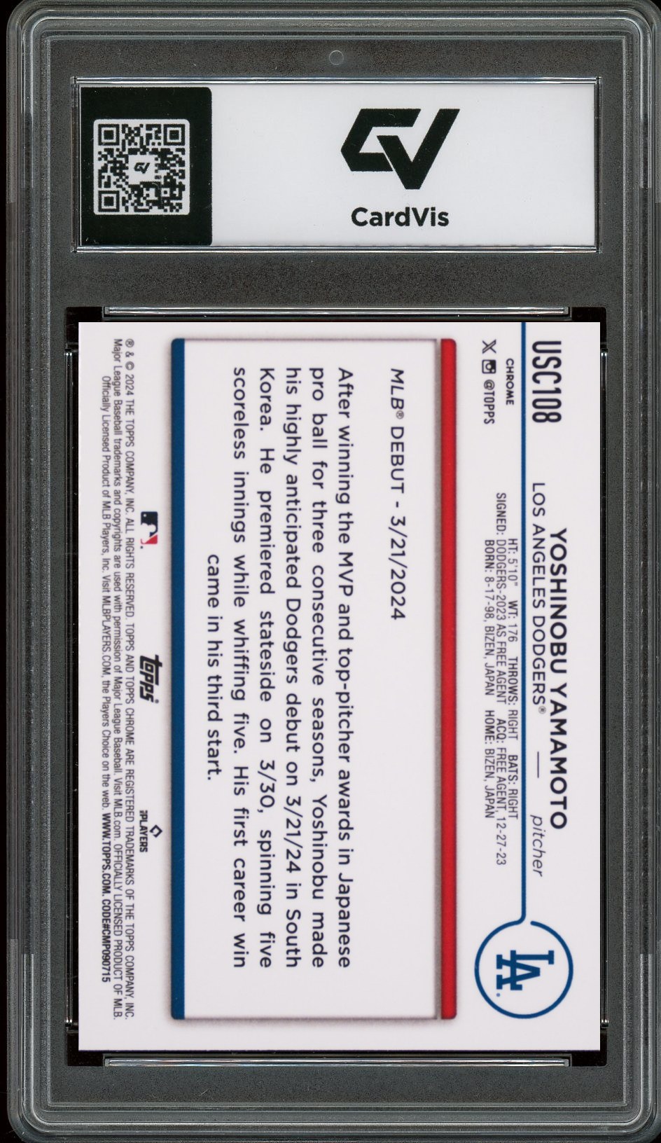 2024 Topps Chrome Update #USC108 Yoshinobu Yamamoto Rookie Card RC Graded 10 Gem Mint - Back