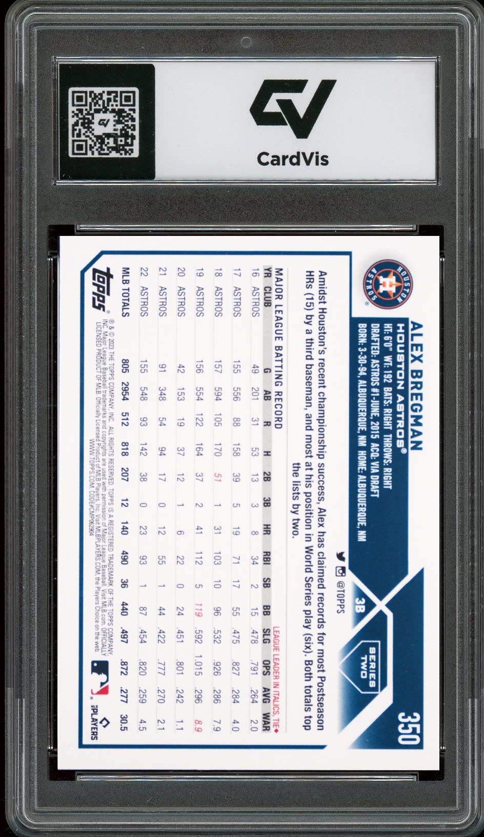 2023 Topps #350 Alex Bregman Graded 10 Gem Mint - Back