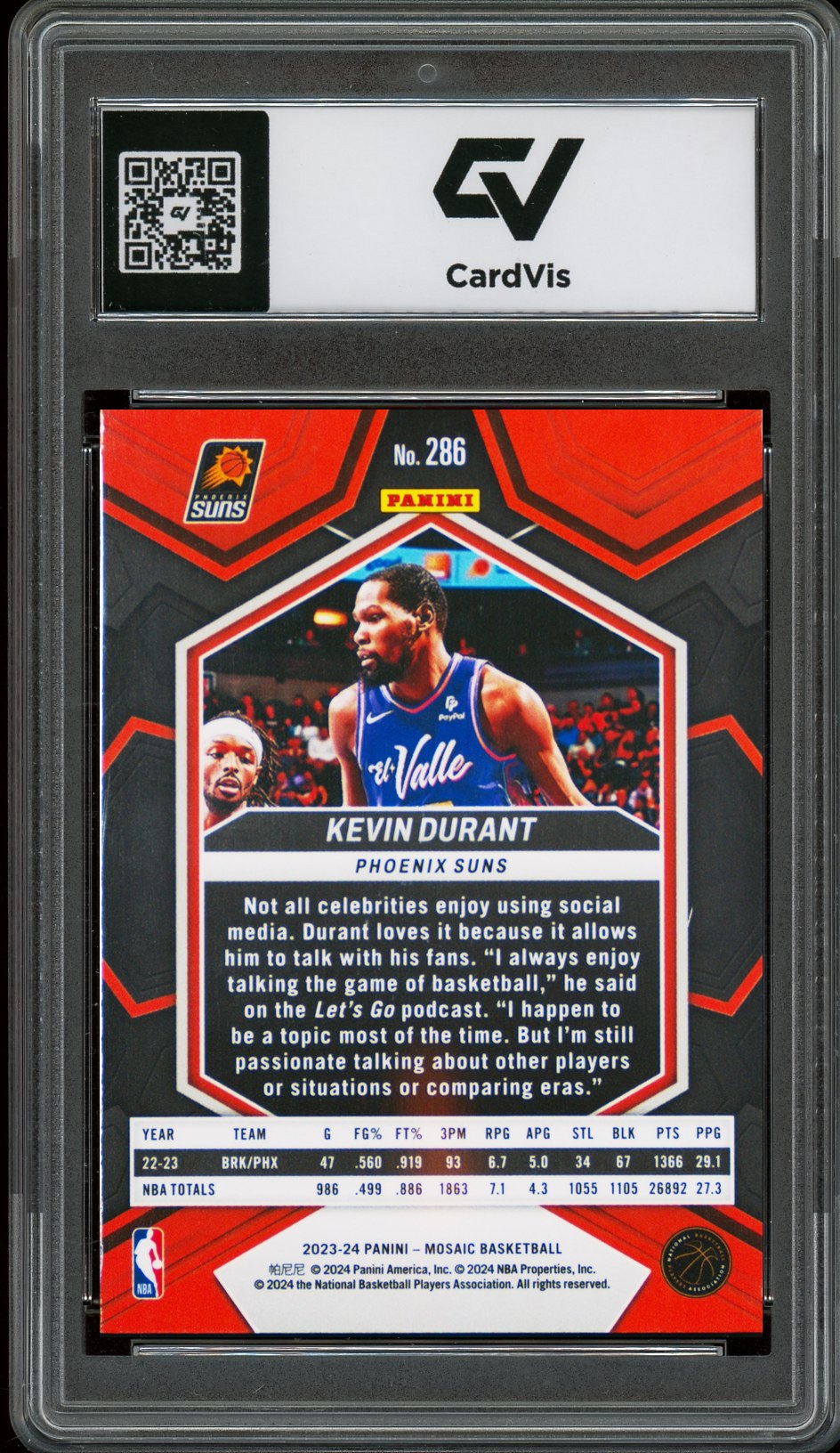 2023 Panini Mosaic #286 Kevin Durant Graded 10 Gem Mint - Back