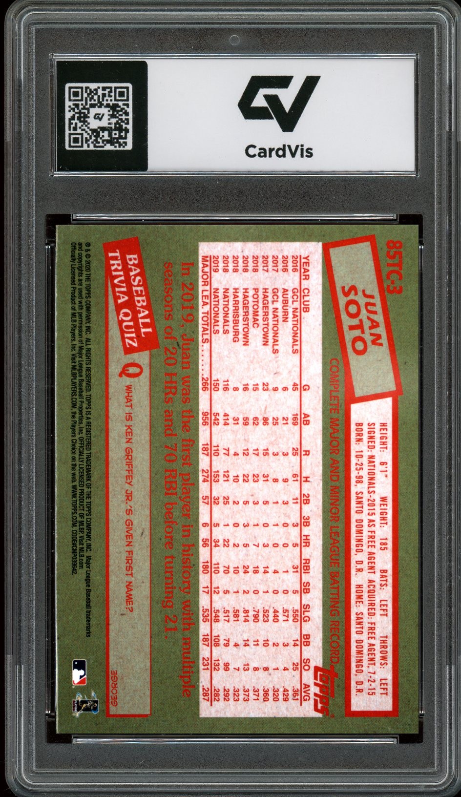 2020 Topps Chrome #85TC-3 Juan Soto 1985 Topps Graded 10 Gem Mint - Back
