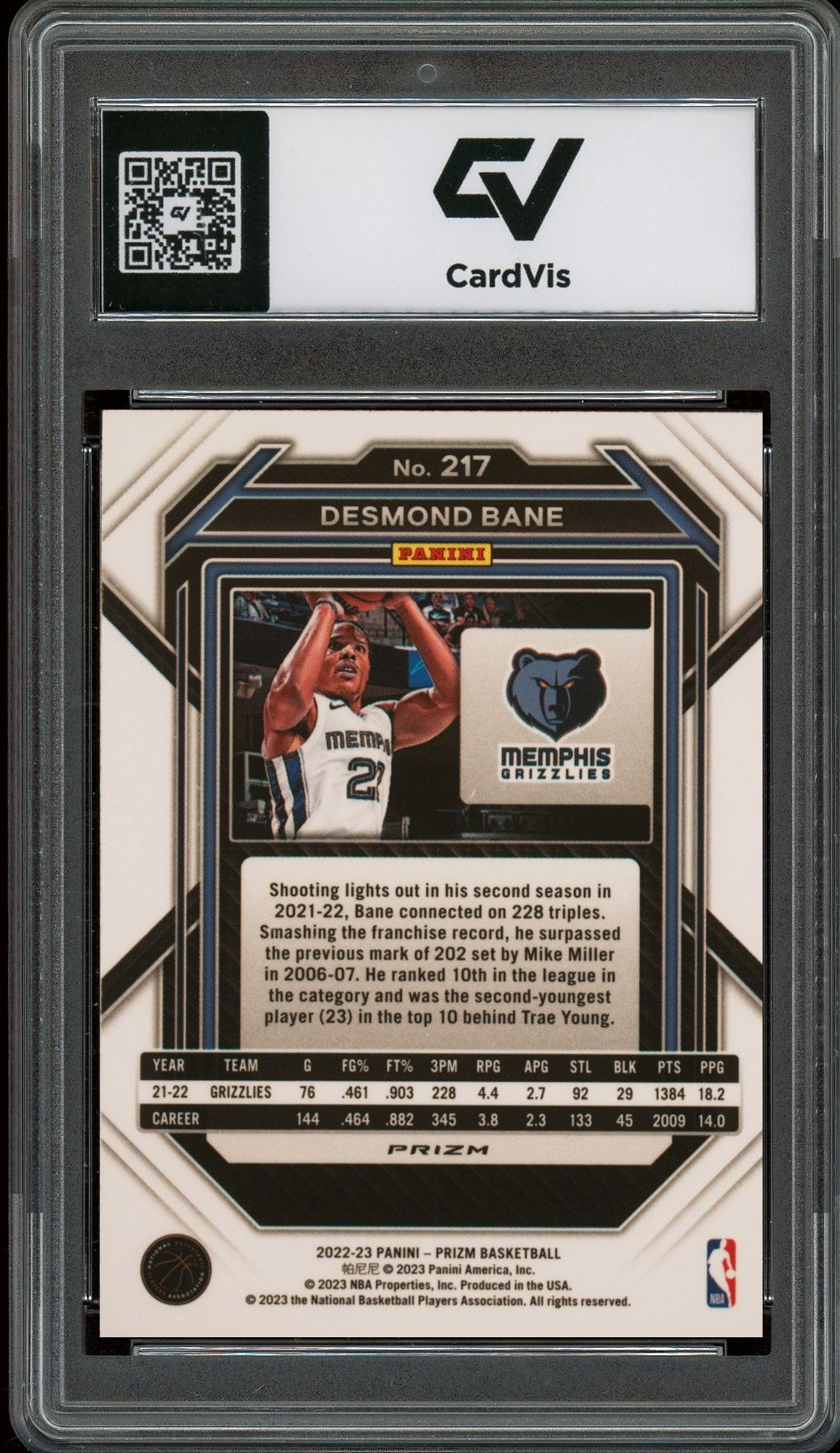 2022 Panini Prizm #217 Desmond Bane Ice Graded 10 Gem Mint - Back