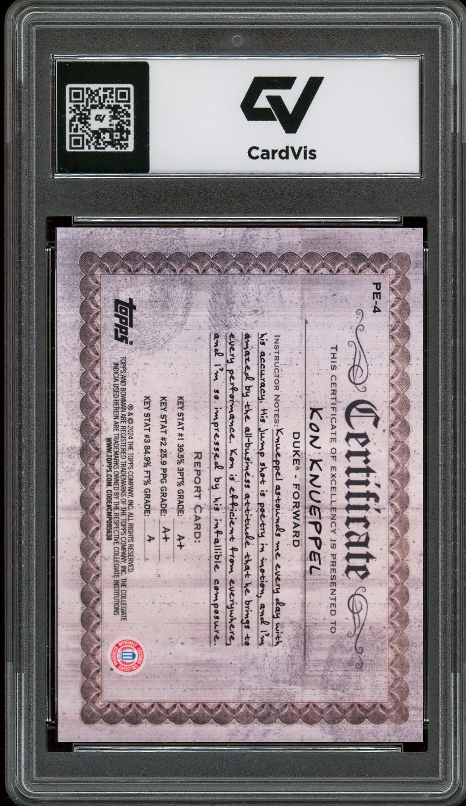 2024 Bowman Chrome University #PE-4 Kon Knueppel Physical Education Rookie Card RC Graded 10 Gem Mint - Back