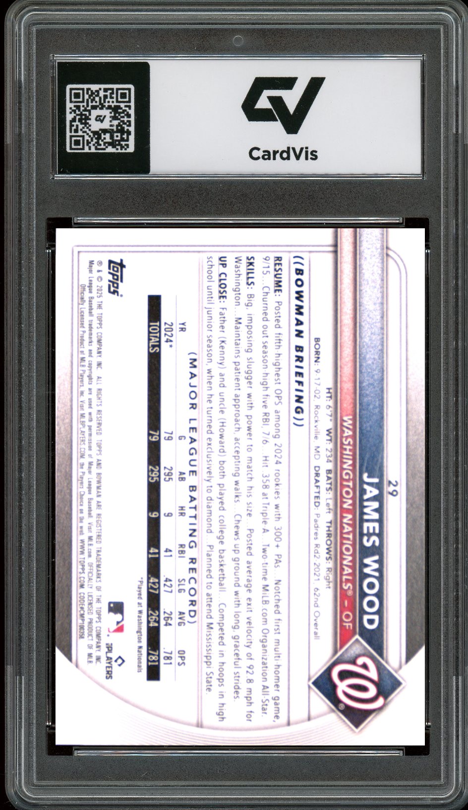 2025 Bowman #29 James Wood Rookie Card RC Graded 10 Gem Mint - Back
