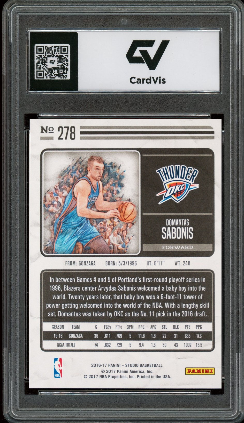 2016 Panini Studio #278 Domantas Sabonis Rookie Card RC Graded 10 Gem Mint - Back