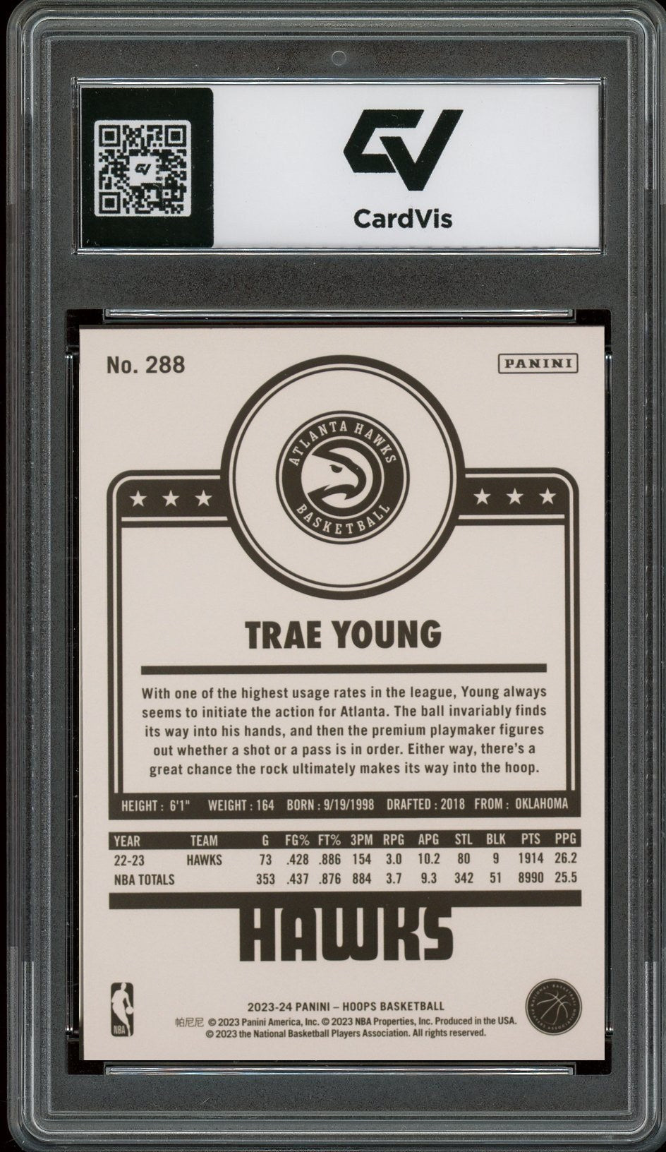 2023 Panini Hoops #288 Trae Young Graded 10 Gem Mint - Back