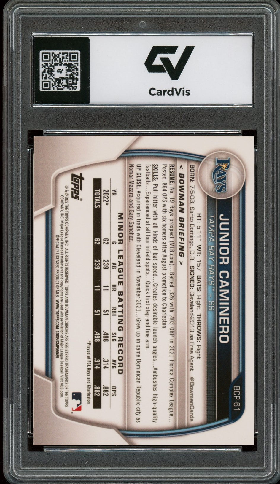 2023 Bowman Chrome #BCP-61 Junior Caminero Chrome Prospects Rookie Card RC Graded 10 Gem Mint - Back