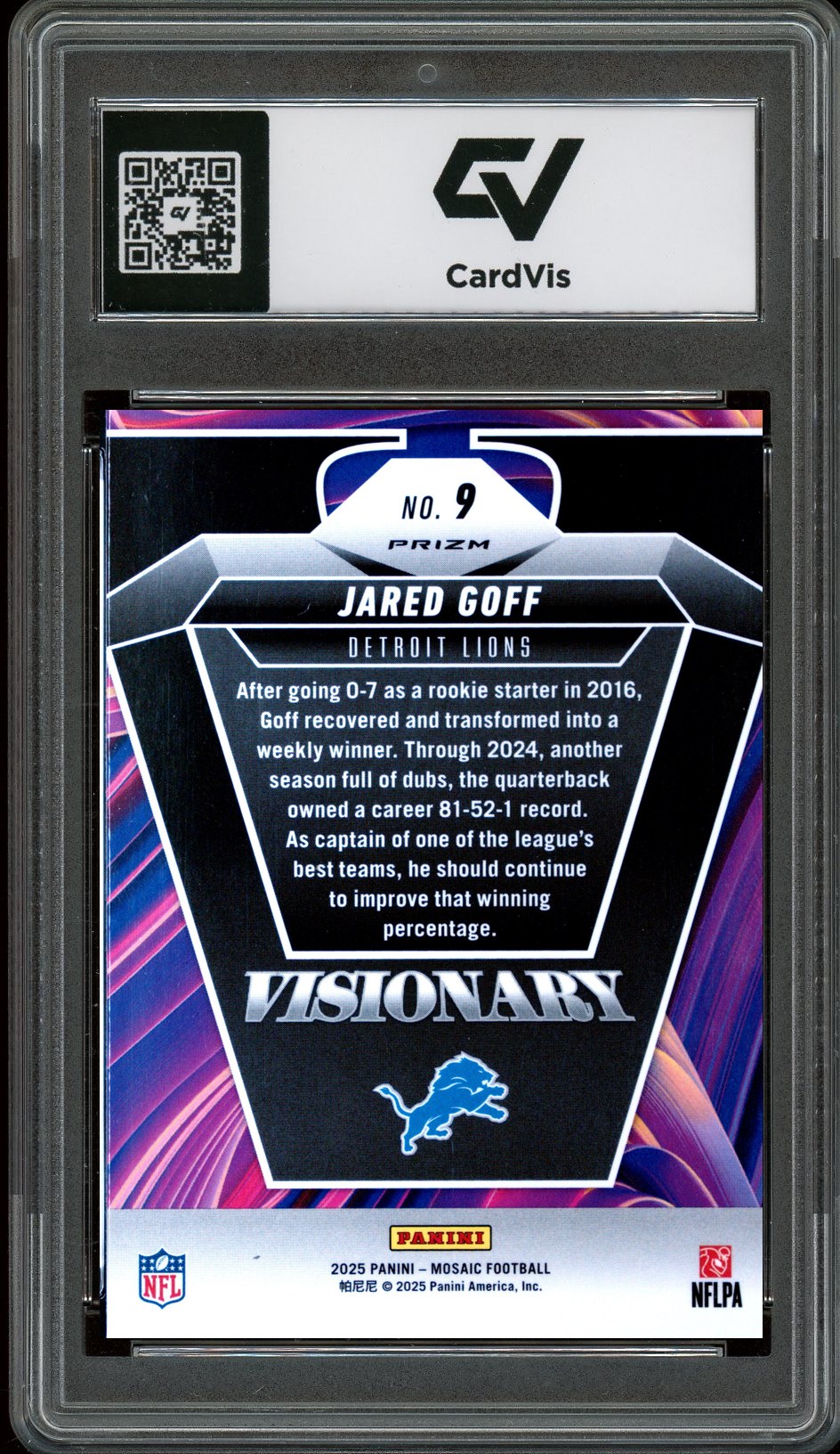 2025 Panini Mosaic #9 Jared Goff Visionary Graded 10 Gem Mint - Back
