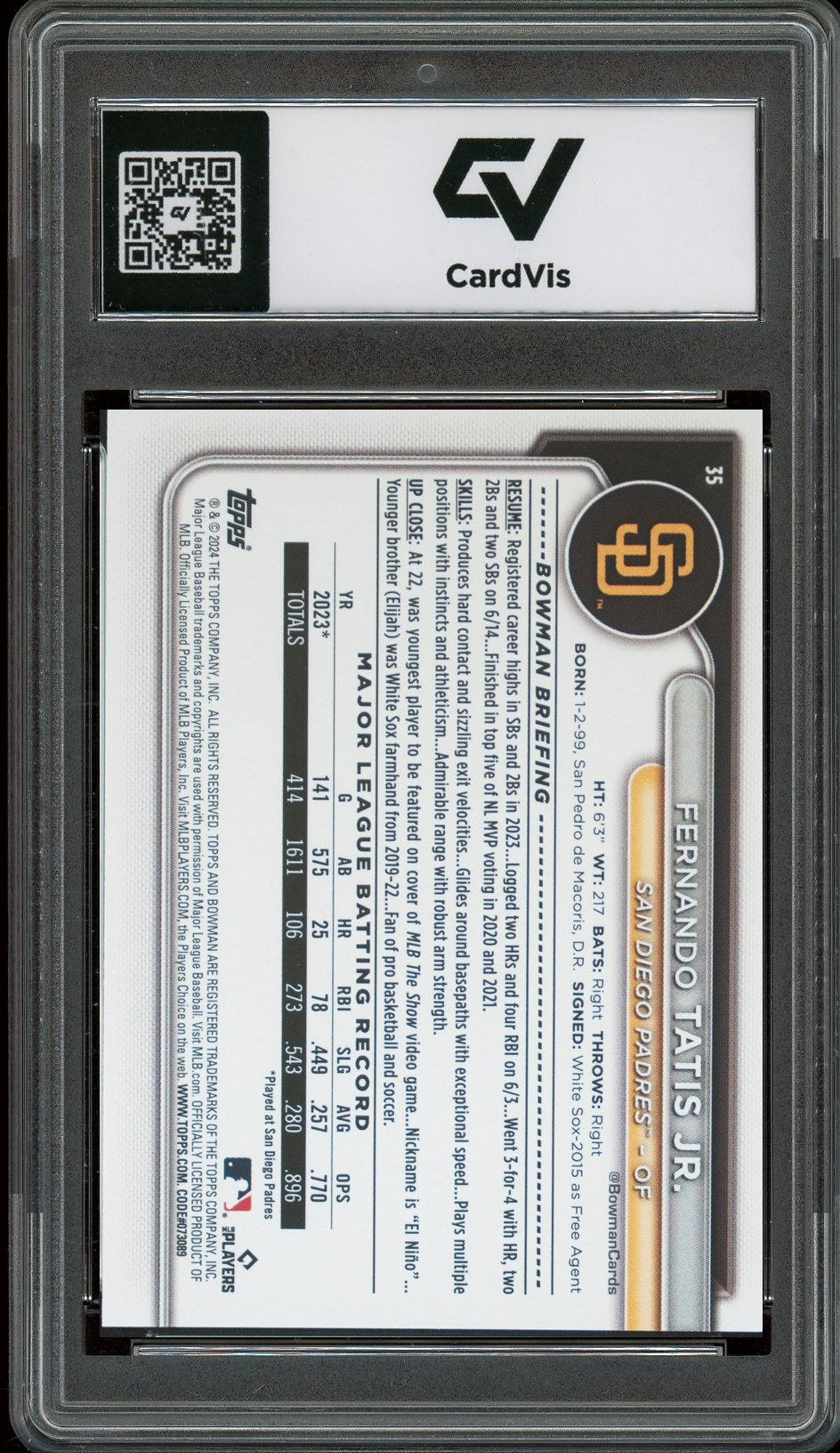 2024 Bowman #35 Fernando Tatis Jr. Graded 10 Gem Mint - Back