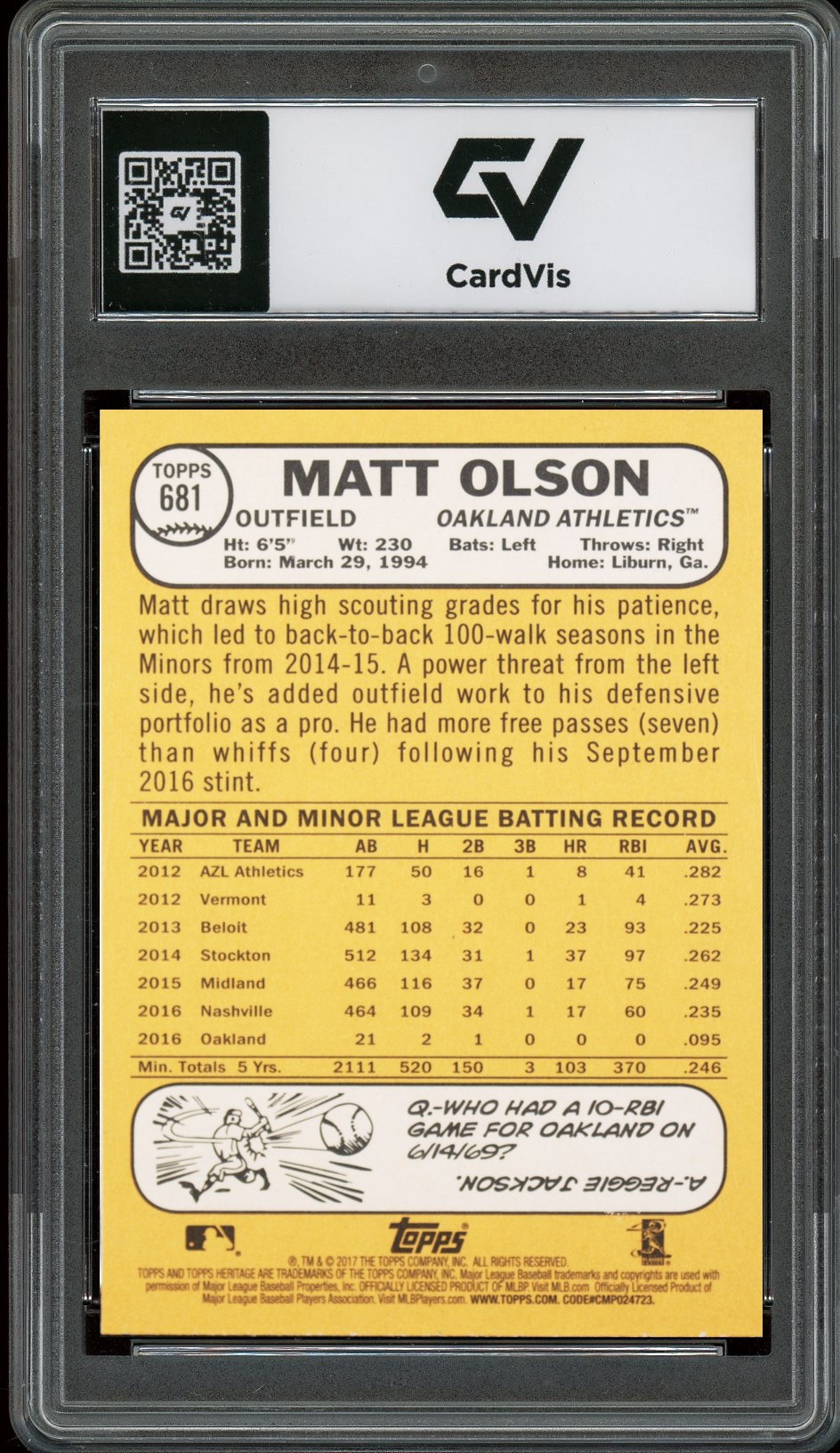 2017 Topps Heritage #681 Matt Olson Rookie Card RC Graded 10 Gem Mint - Back