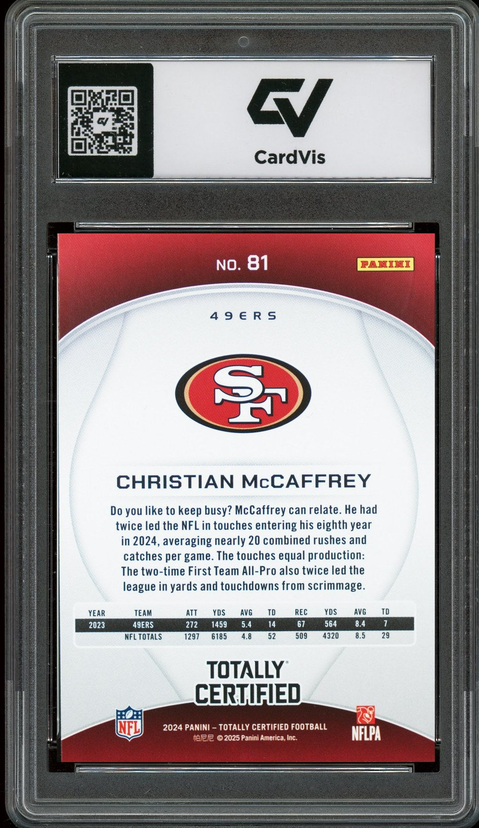 2024 Panini Totally Certified #81 Christian McCaffrey Graded 10 Gem Mint - Back