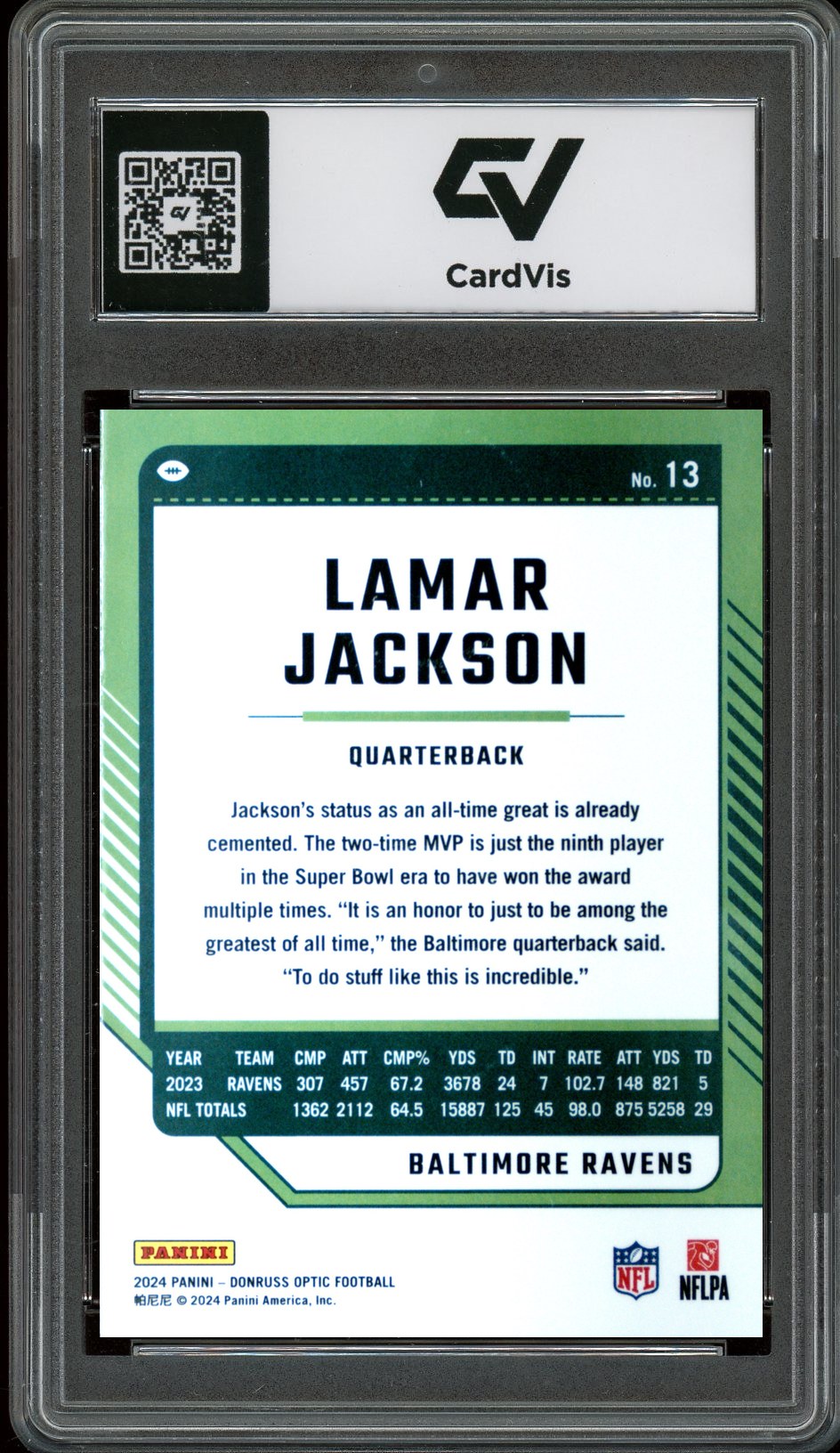 2024 Panini Donruss Optic #13 Lamar Jackson Graded 10 Gem Mint - Back