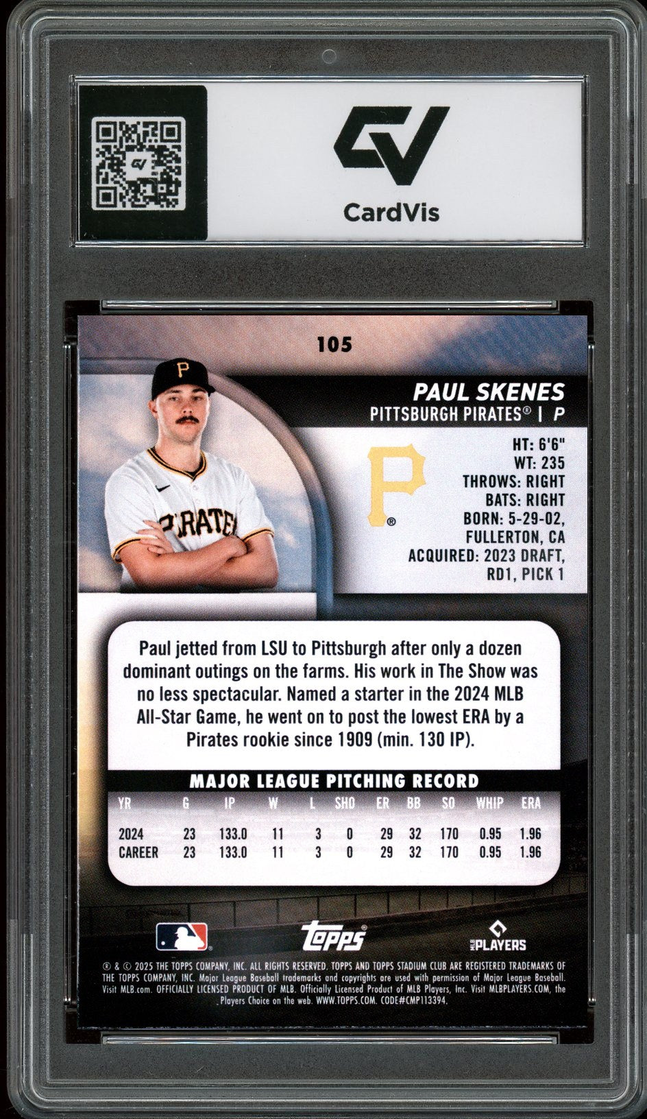 2025 Topps Stadium Club #105 Paul Skenes Graded 10 Gem Mint - Back