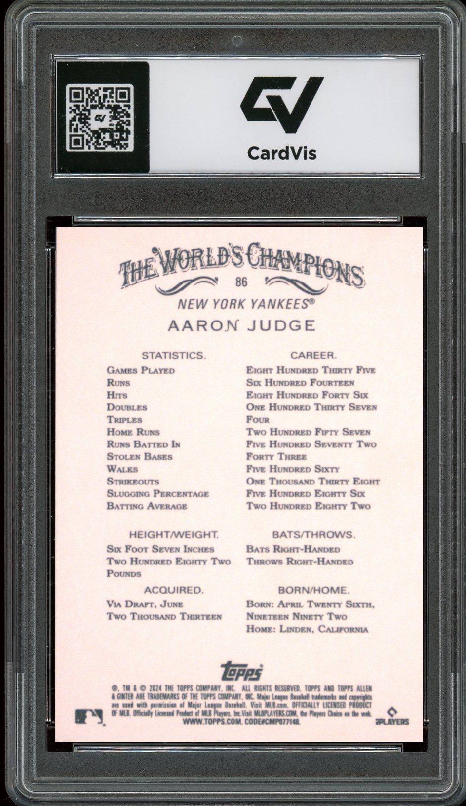 2024 Topps Allen & Ginter #86 Aaron Judge Graded 10 Gem Mint - Back