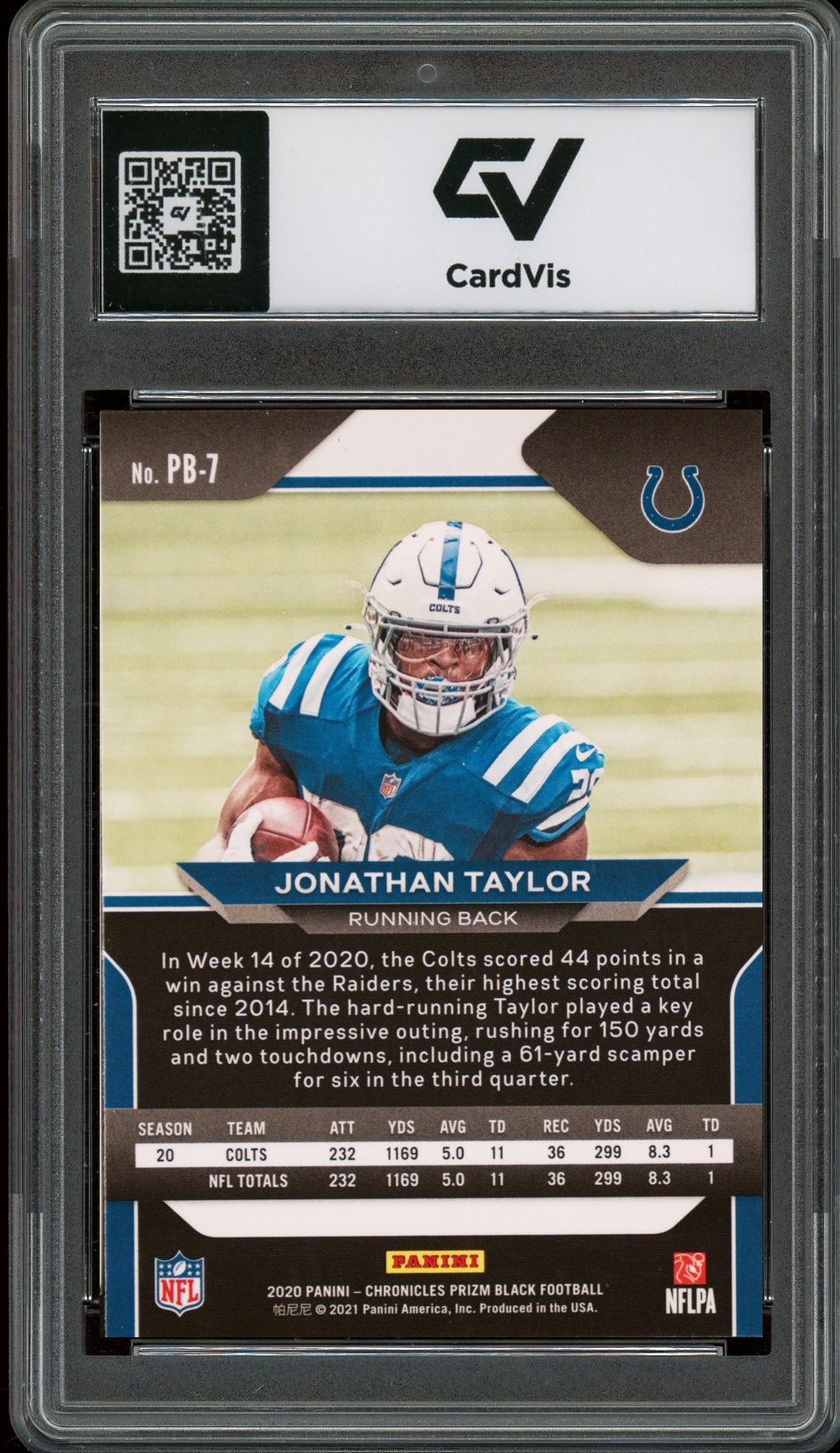 2020 Panini Chronicles #PB-7 Jonathan Taylor Prizm Black Rookie Card RC Graded 10 Gem Mint - Back