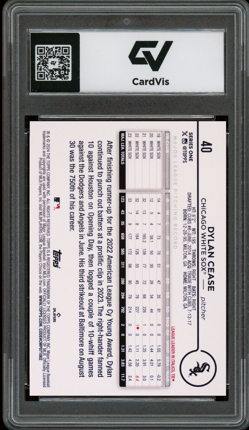 2024 Topps #40 Dylan Cease Yellow Graded 10 Gem Mint - Back