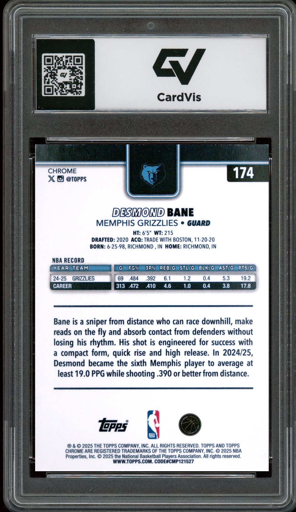 2025 Topps Chrome #174 Desmond Bane Raywave Graded 10 Gem Mint - Back