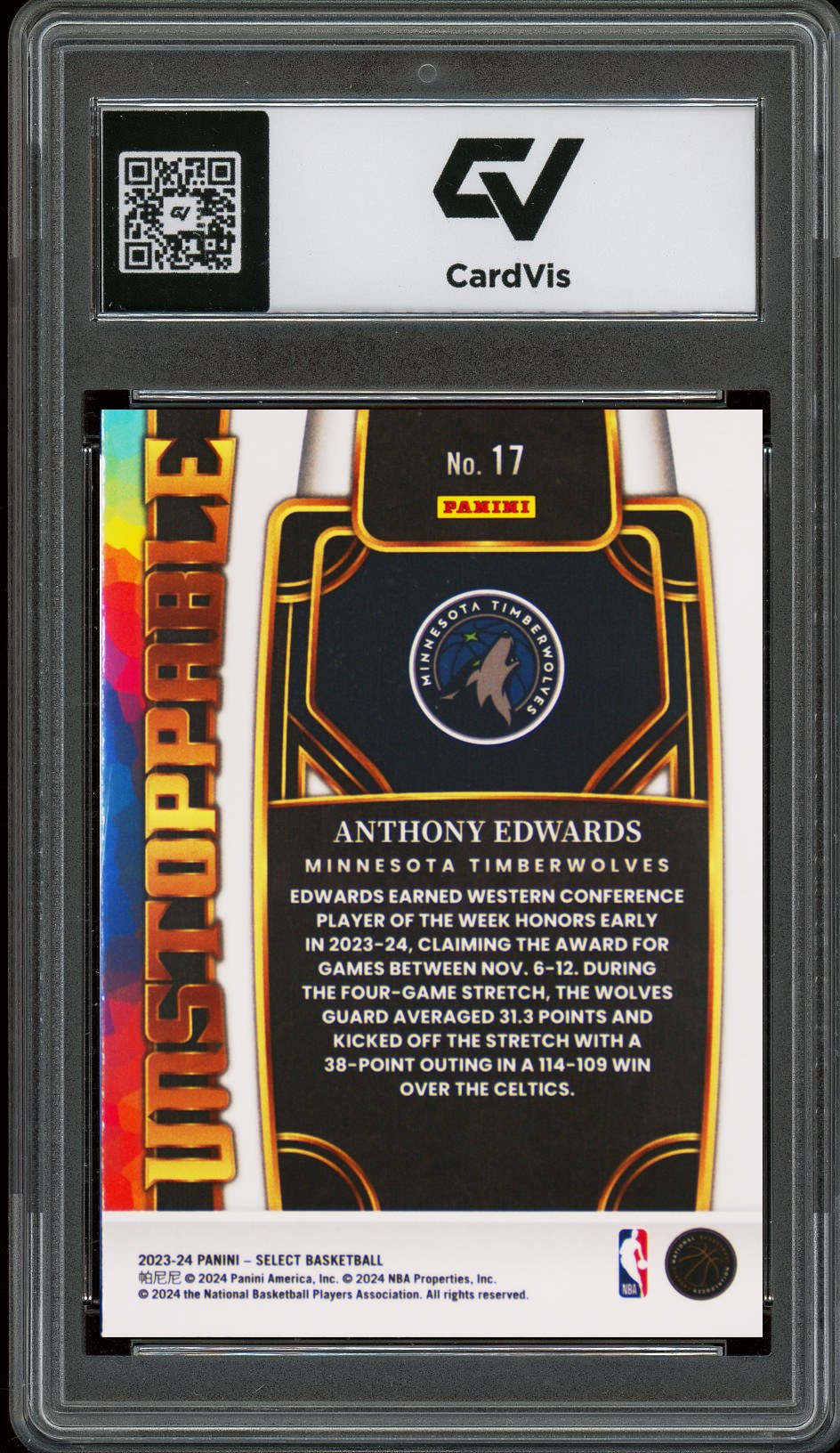 2023 Panini Select #17 Anthony Edwards Unstoppable Graded 10 Gem Mint - Back