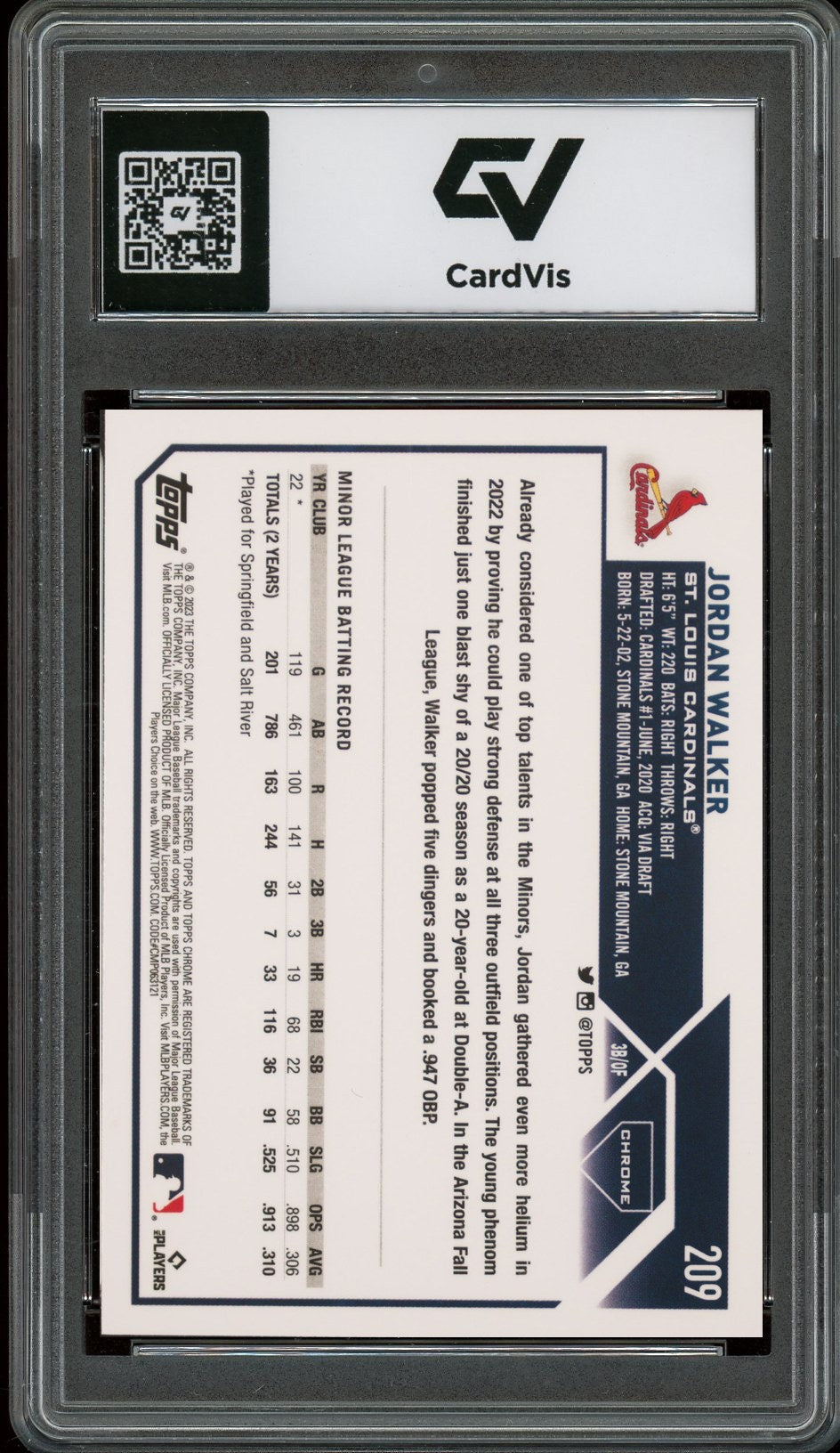 2023 Topps Chrome #209 Jordan Walker Rookie Card RC Graded 10 Gem Mint - Back