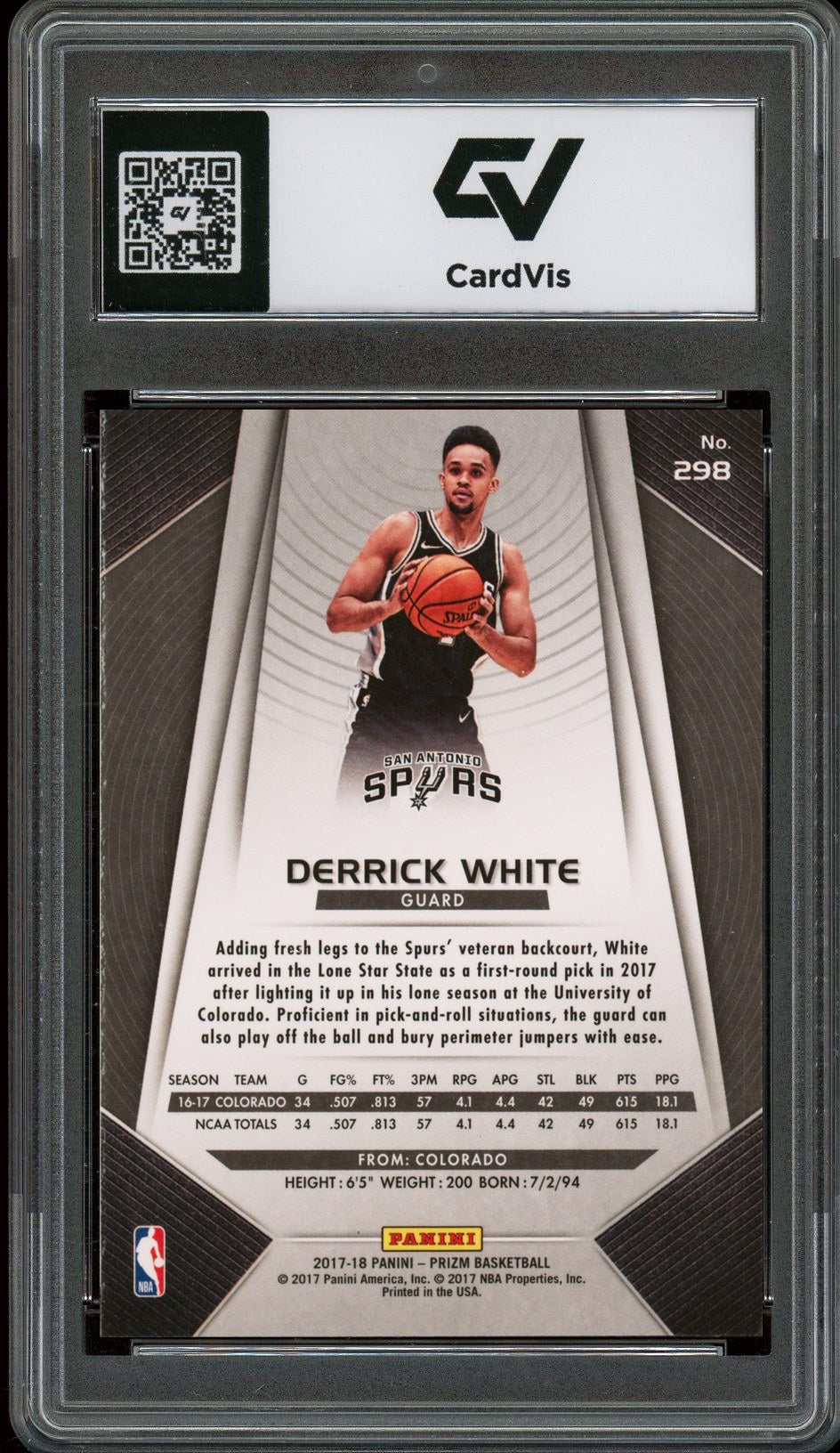 2017 Panini Prizm #298 Derrick White Rookie Card RC Graded 10 Gem Mint - Back