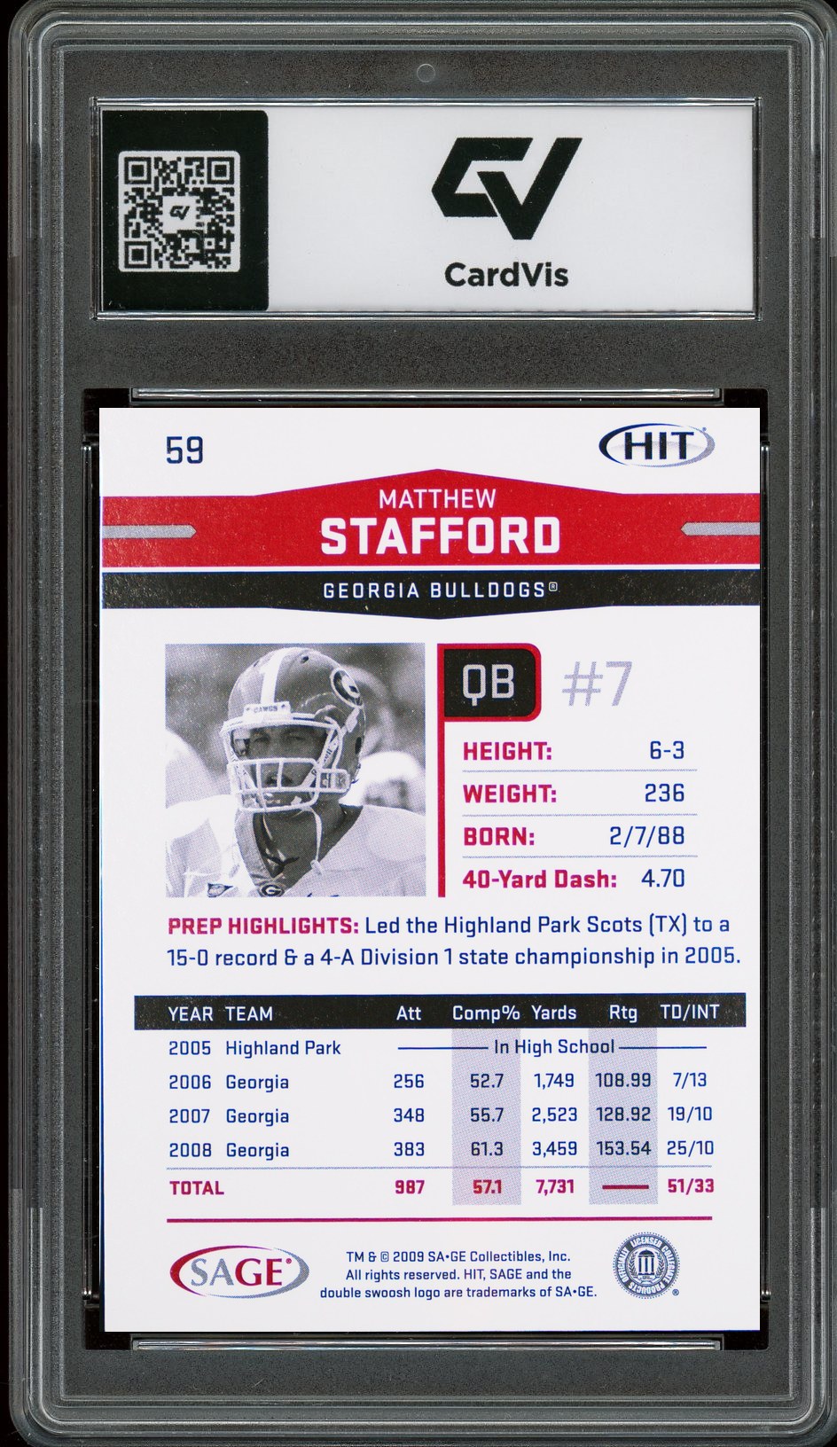 2009 Sage Hit #59 Matthew Stafford Rookie Card RC Graded 10 Gem Mint - Back
