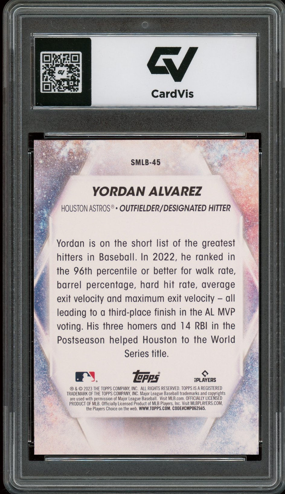 2023 Topps Series 2 #SMLB-45 Yordan Alvarez Stars Of MLB Graded 10 Gem Mint - Back