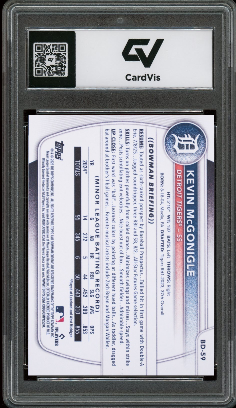2025 Bowman Draft #BD-59 Kevin McGonigle Graded 10 Gem Mint - Back