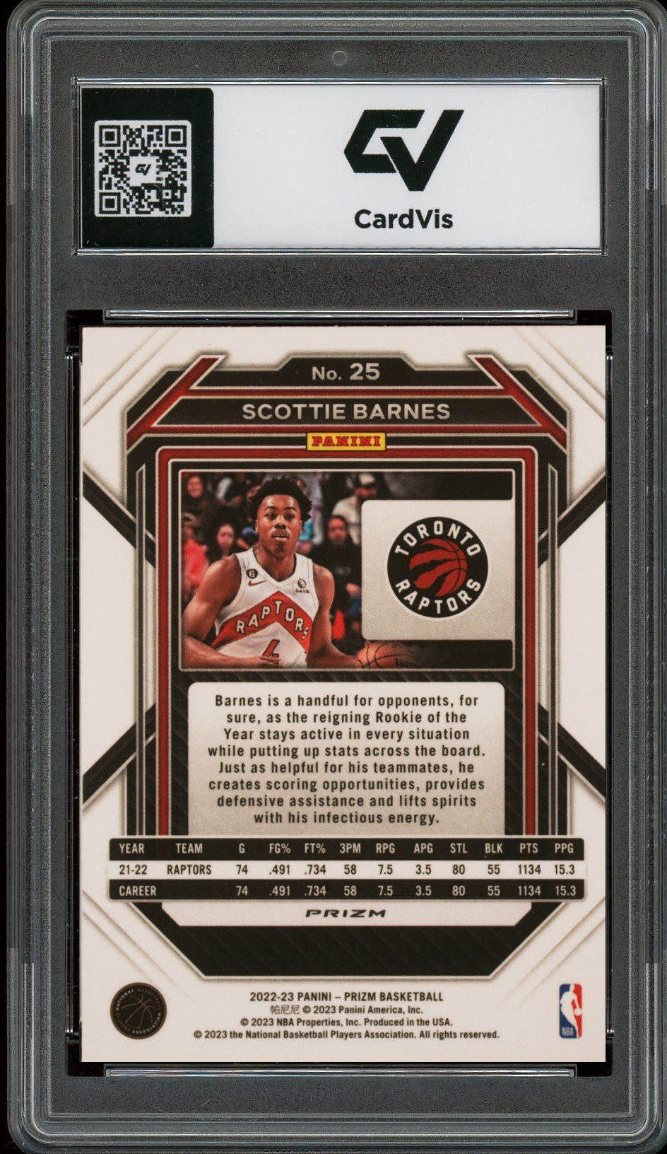 2022 Panini Prizm #25 Scottie Barnes Ice Graded 10 Gem Mint - Back