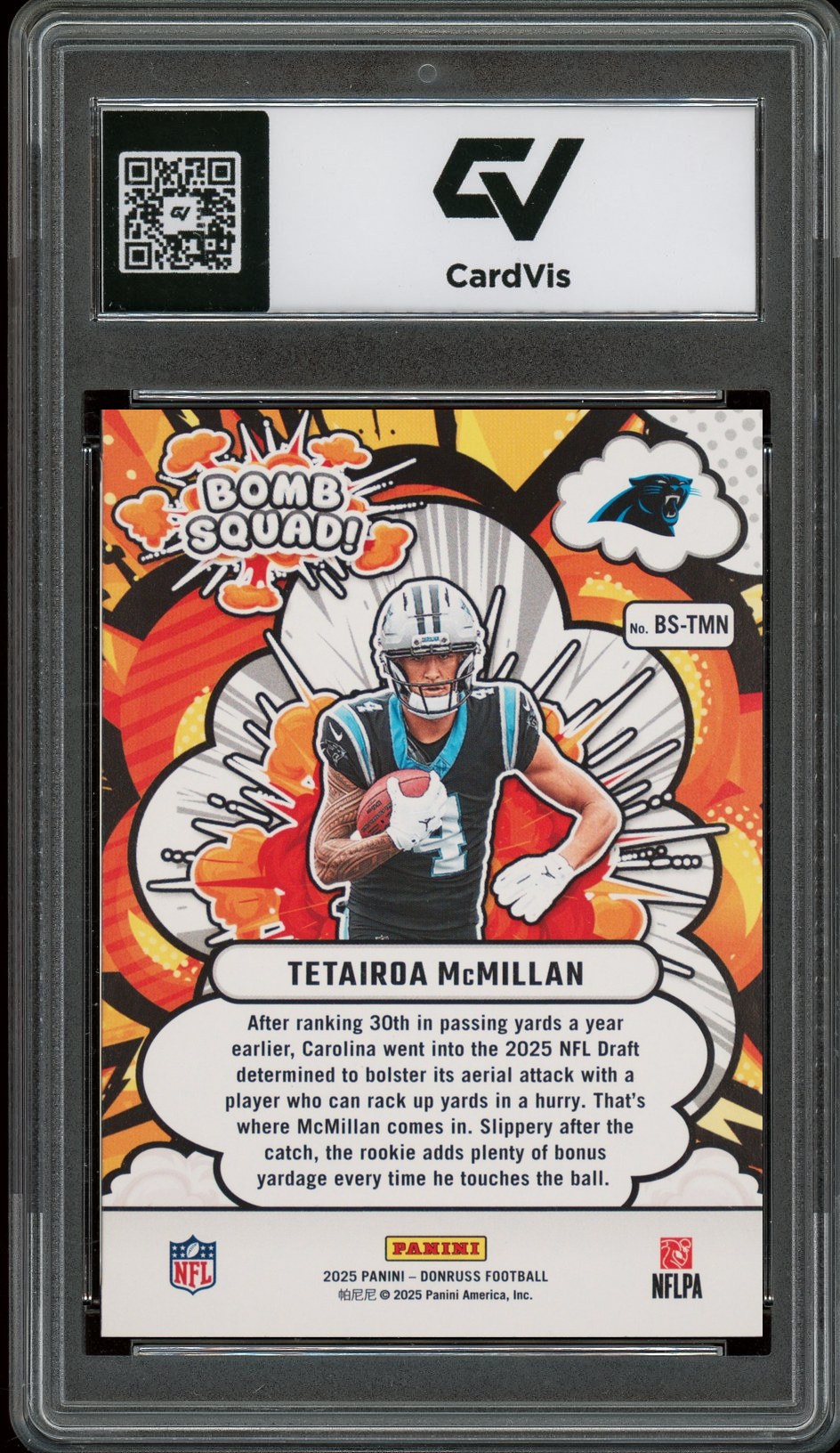 2025 Panini Donruss #BS-TMN Tetairoa McMillan Bomb Squad Rookie Card RC Graded 10 Gem Mint - Back