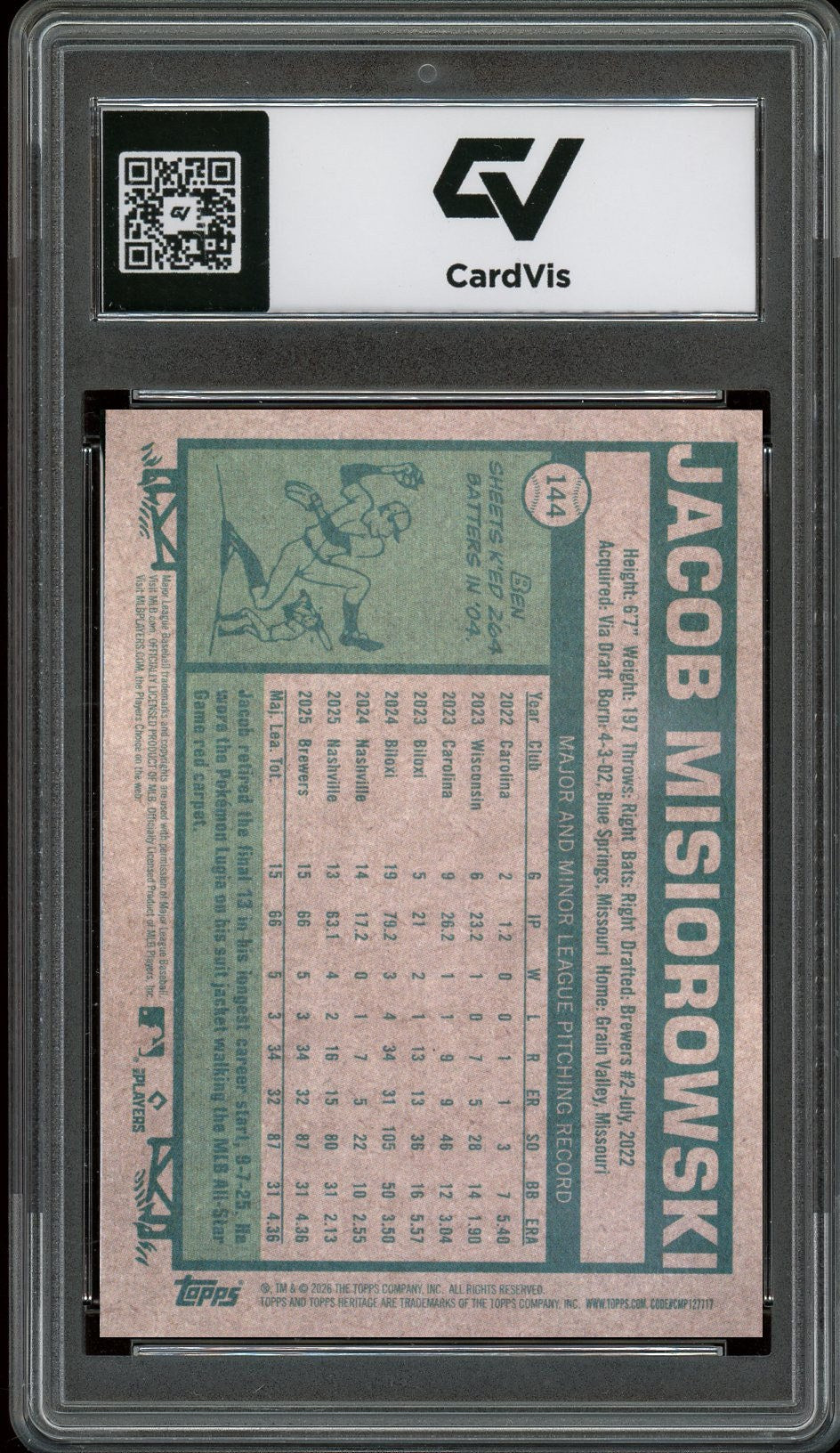 2026 Topps Heritage #144 Jacob Misiorowski Rookie Card RC Graded 10 Gem Mint - Back
