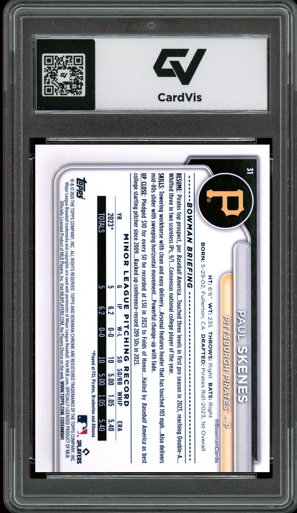 2024 Bowman Chrome #31 Paul Skenes Rookie Card RC Graded 10 Gem Mint - Back