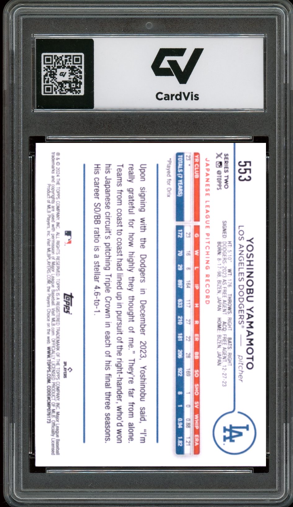2024 Topps #553 Yoshinobu Yamamoto Rookie Card RC Graded 10 Gem Mint - Back