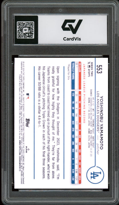 2024 Topps #553 Yoshinobu Yamamoto Rookie Card RC Graded 10 Gem Mint - Back