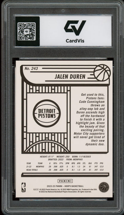 2022 Panini Hoops #243 Jalen Duren Rookie Card RC Graded 10 Gem Mint - Back