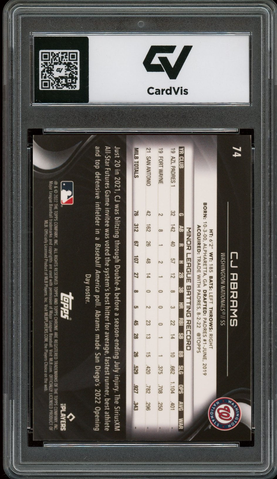 2022 Topps Chrome Black #74 CJ Abrams Graded 10 Gem Mint - Back