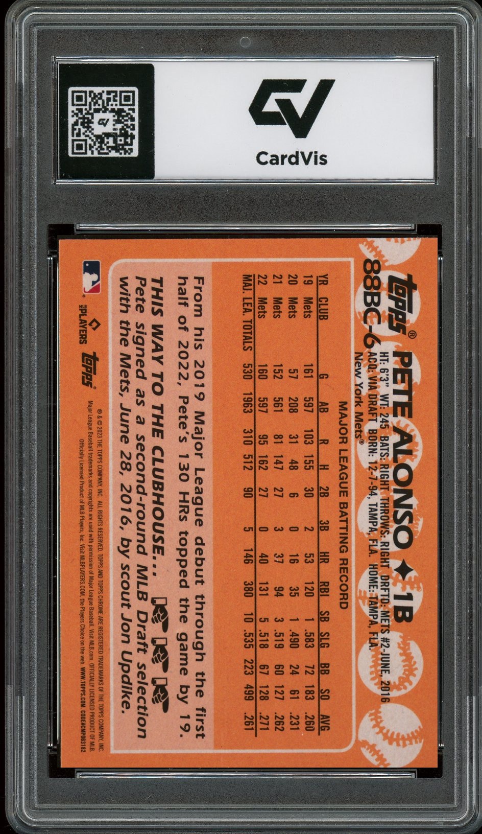 2023 Topps Chrome #86BC-6 Pete Alonso 1988 Topps Baseball Graded 10 Gem Mint - Back