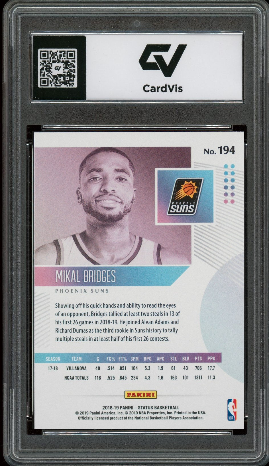 2018 Panini Status #194 Mikal Bridges Rookie Card RC Graded 10 Gem Mint - Back