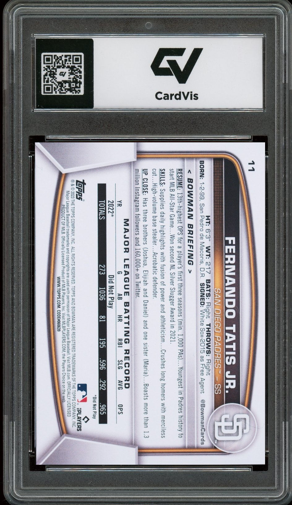 2023 Bowman #11 Fernando Tatis Jr. Graded 10 Gem Mint - Back