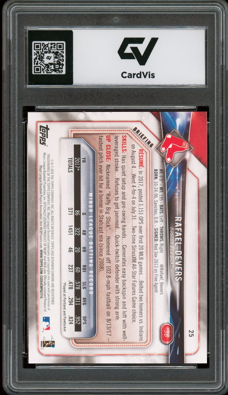 2018 Bowman #25 Rafael Devers Rookie Card RC Graded 10 Gem Mint - Back