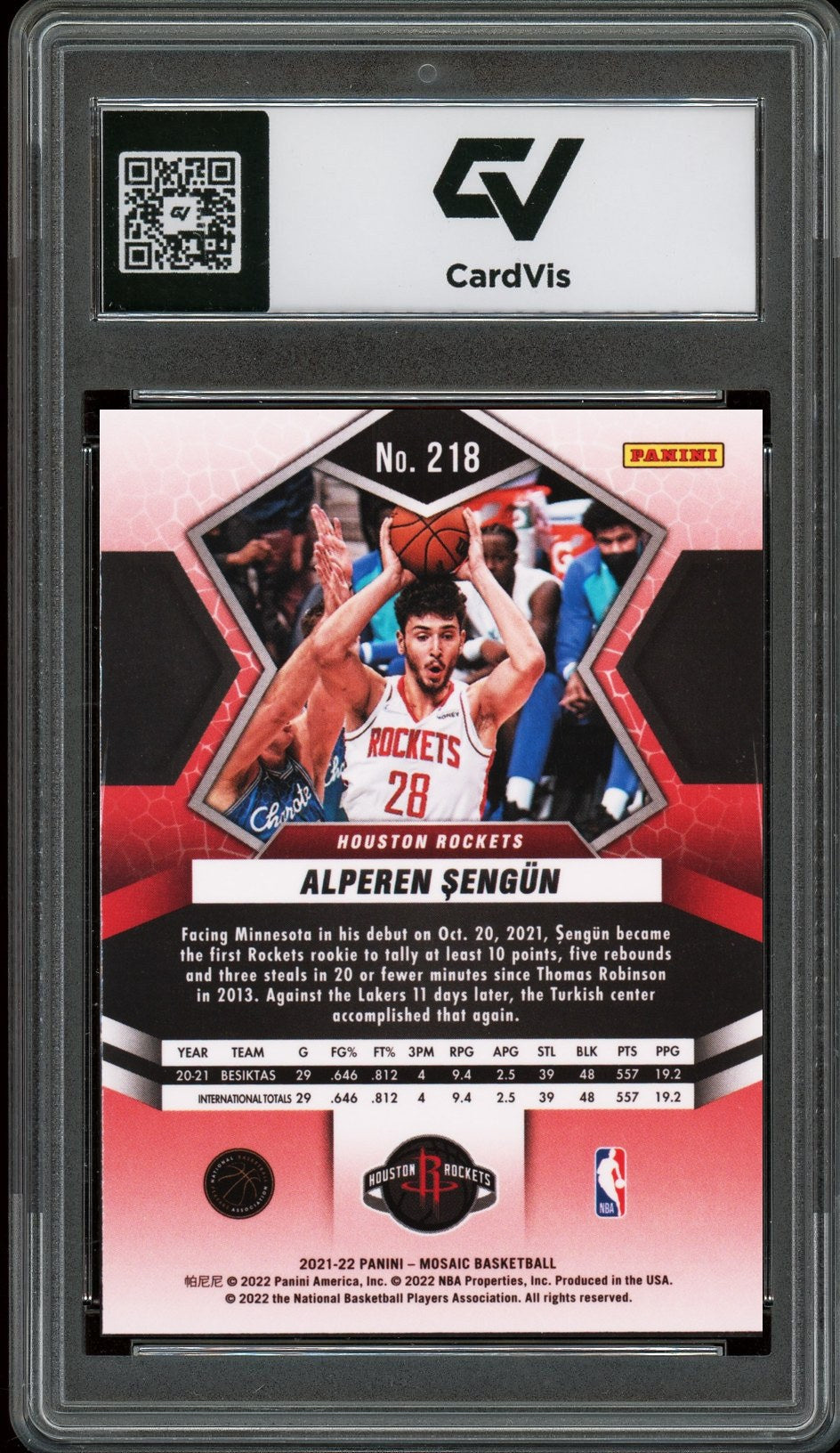 2021 Panini Mosaic #218 Alperen Sengun Rookie Card RC Graded 10 Gem Mint - Back
