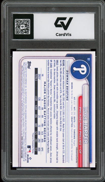 2024 Bowman #37 Bryce Harper Graded 10 Gem Mint - Back