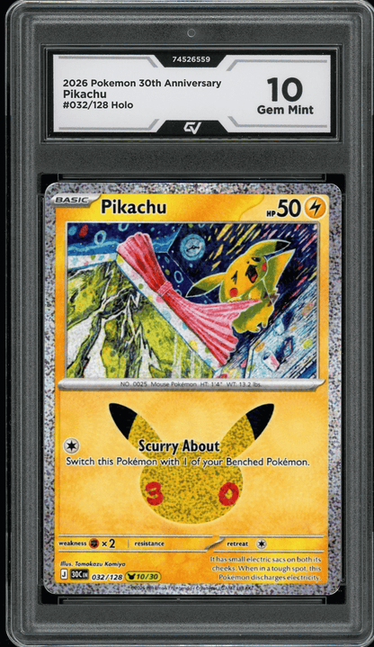 2026 Pokemon 30th Anniversary #032/128 Pikachu Holo Graded 10 Gem Mint