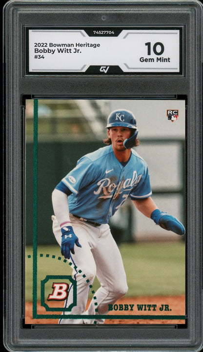 2022 Bowman Heritage #34 Bobby Witt Jr. Rookie Card RC Graded 10 Gem Mint - Front