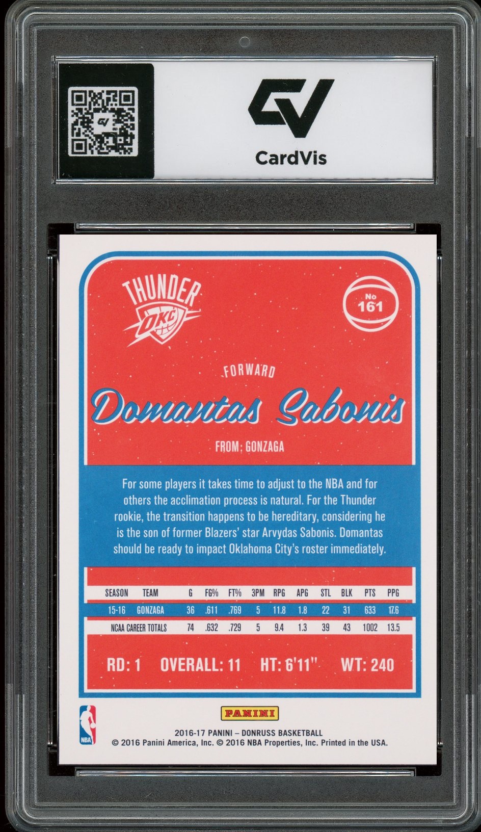 2016 Panini Donruss #161 Domantas Sabonis Rookie Card RC Graded 10 Gem Mint - Back