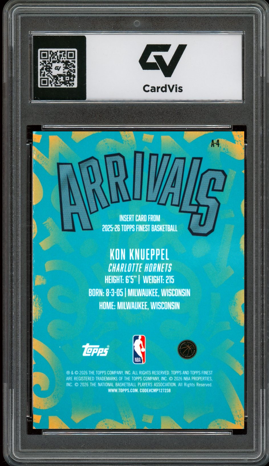 2025 Topps Finest #A-4 Kon Knueppel Arrivals Rookie Card RC Graded 10 Gem Mint - Back