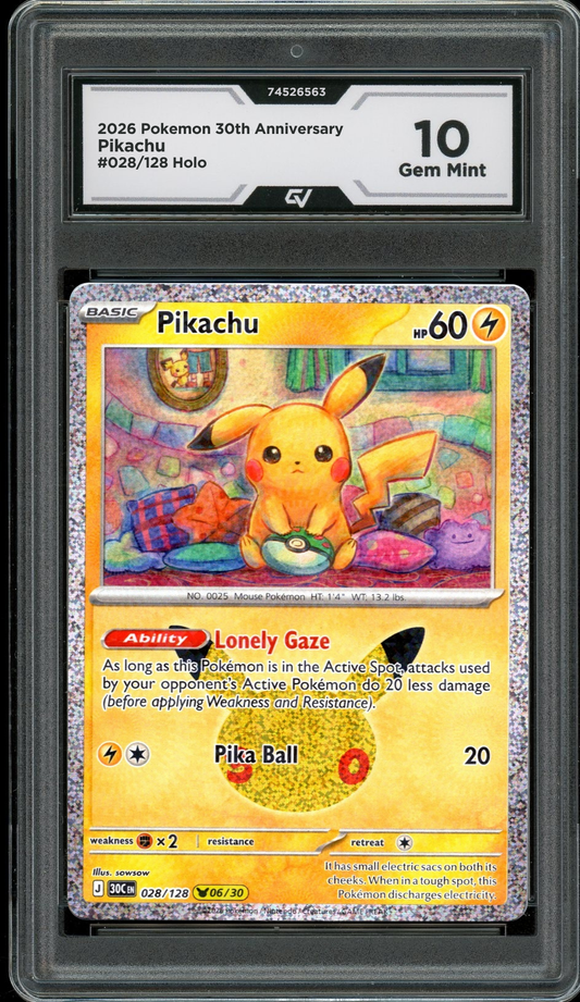 2026 Pokemon 30th Anniversary #028/128 Pikachu Holo Graded 10 Gem Mint
