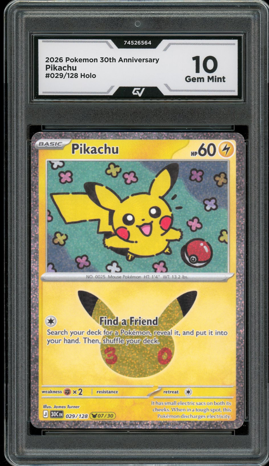 2026 Pokemon 30th Anniversary #029/128 Pikachu Holo Graded 10 Gem Mint